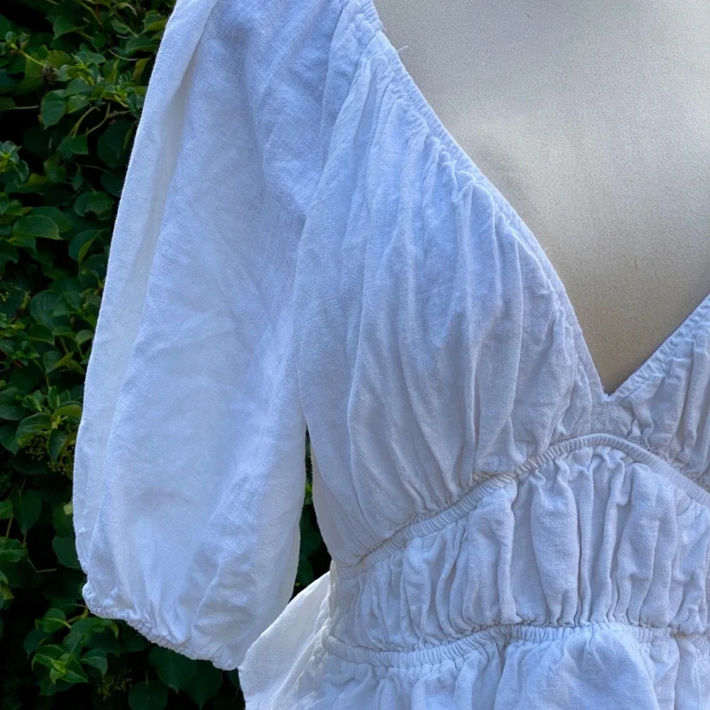 Abercrombie & Fitch Boho White Linen Blend Peplum Top Puff Sleeve Ruched - Large